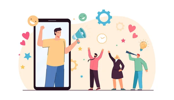 Telefon ekranındaki blogcu yeni takipçiler çekiyor. Düz vektör çizimi. Hoparlörlü adam yeni ürün ve hizmetleri tanıtıyor, izleyicileri kendine çekiyor. SMM, etkili pazarlama kavramı