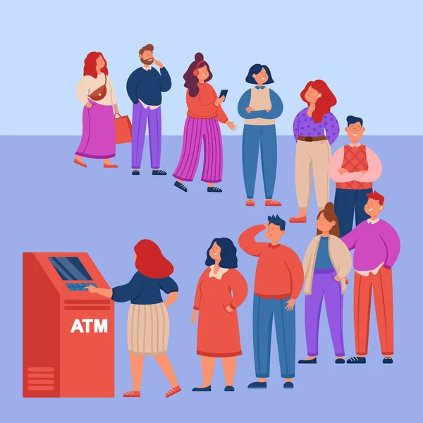 Obchodníci Stojí Frontě Bankomatu Bance Fronta Automatického Bankomatu Ilustrace Plochého — Stockový vektor
