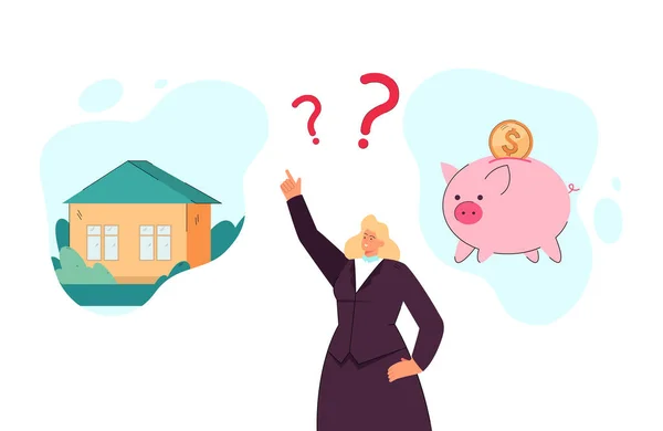 Mujer Negocios Elegir Entre Comprar Casa Ahorrar Dinero Real Estate — Vector de stock