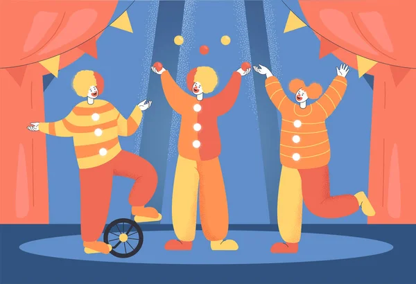 Tecknad Clowner Eller Jonglörer Som Uppträder Cirkus Show Cirkus Affisch — Stock vektor