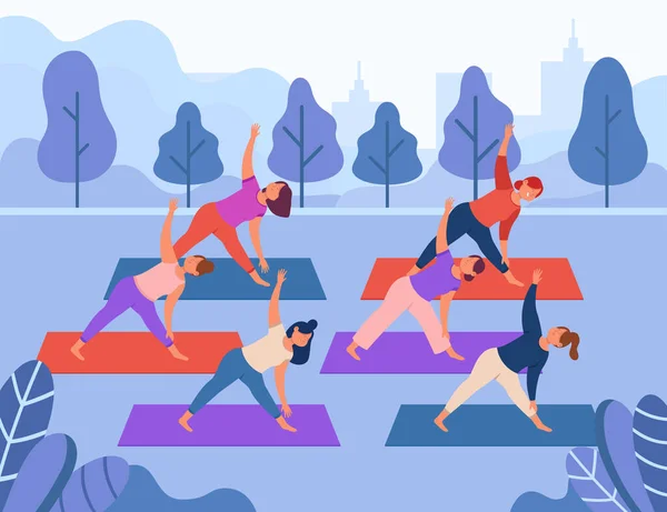 Cartoon women doing yoga exercises in city park. Girls training outside flat vector illustration. Recreation, wellbeing, health care, healthy lifestyle concept for banner or landing web page