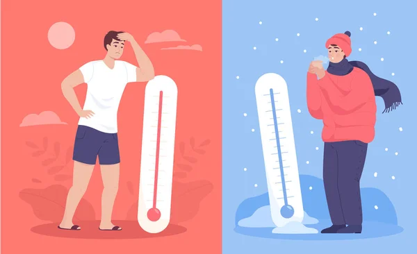 Vergelijking Tussen Mannen Met Thermometers Zomer Winter Warm Koud Weer — Stockvector
