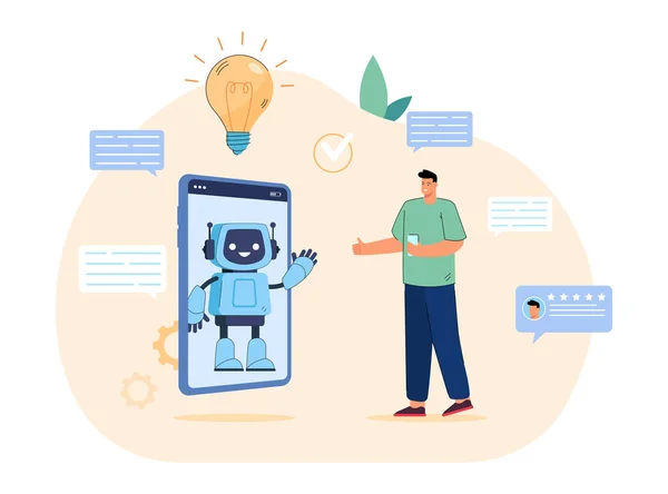 Telefon ekranındaki sohbet robotu ile müşteri arasındaki konuşma. Ufaklık, çevrimiçi haberci düz vektör illüstrasyonunda sevimli robotla konuşuyor. Chatbot, Al, sosyal medya kavramında sanal destek