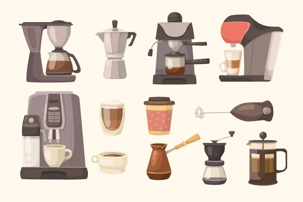 Különböző Kávéfőzők Vektor Illusztrációk Készlet Kávé Vagy Kávéfőző Gépek Gyűjteménye — Stock Vector