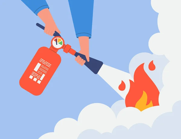 Brandweerman Houdt Brandblusser Vlakke Vector Illustratie Man Brandweerman Die Veiligheid — Stockvector