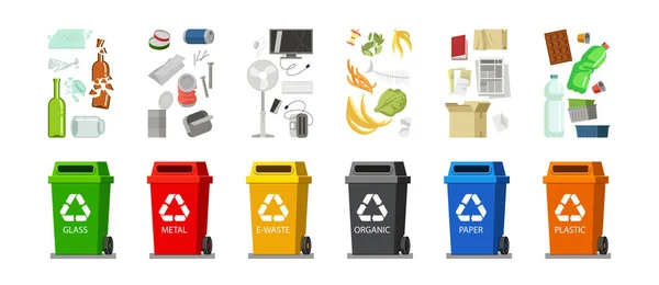 Çöp geri dönüşüm kutuları hazır. Çöp kutuları sınıflandırmasının vektör çizimleri. Beyaz teneke kutular için plastik cam metal organik kağıt çöplerden oluşan çizgi film koleksiyonu. Çevre kavramı