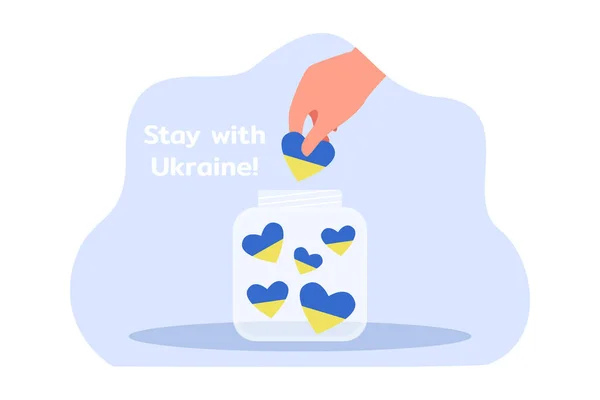 Mano Mettendo Cuori Azzurri Gialli Vaso Resta Con Ucraina Illustrazione — Vettoriale Stock