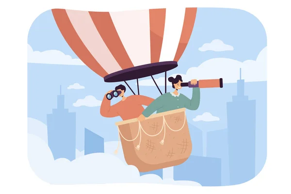 Hava Balonu Düz Vektör Illüstrasyonunda Mutlu Insanlar Kadın Erkek Dürbünle — Stok Vektör