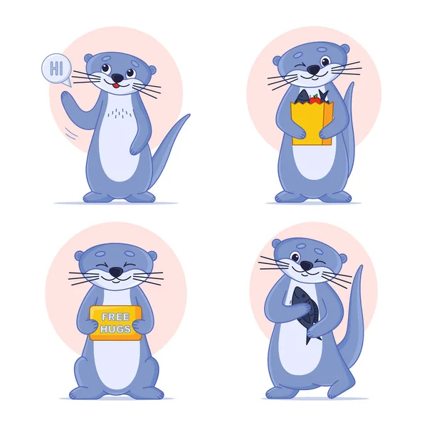 Cartoon Otter Λέει Γεια Κρατώντας Την Πινακίδα Δωρεάν Αγκαλιές Φράση — Διανυσματικό Αρχείο