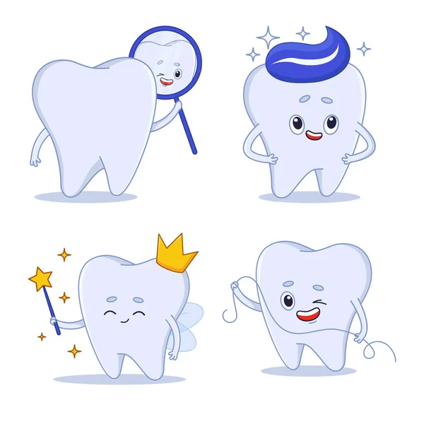 Collection of cartoon tooth character looking in mirror, holding dental floss