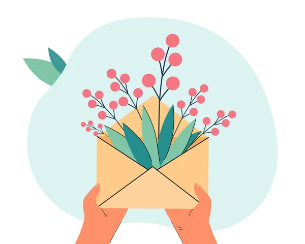 Hands holding envelope with flowers flat vector illustration. Bouquet of spring flowers. Greeting, love, romantic relationship concept for banner, website design or landing web page