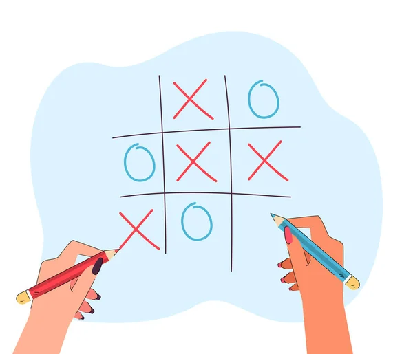 Hände Halten Bleistifte Tic Tac Toe Spielen Menschen Zeichnen Kreuze — Stockvektor