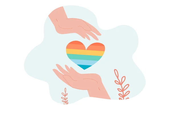Ręce Trzymające Tęczowe Serce Wsparcie Miłość Dla Społeczności Lgbt Ludzi — Wektor stockowy