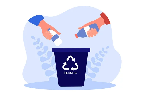 Ruce Držící Plastové Láhve Vyhození Koše Osoby Třídění Odpadků Ploché — Stockový vektor
