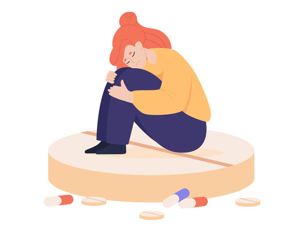 Sad woman sitting on huge pill flat vector illustration. Depressed girl taking hormonal medications, drugs or antidepressant, having mental disorder, psychological problems. Anxiety, depression concept