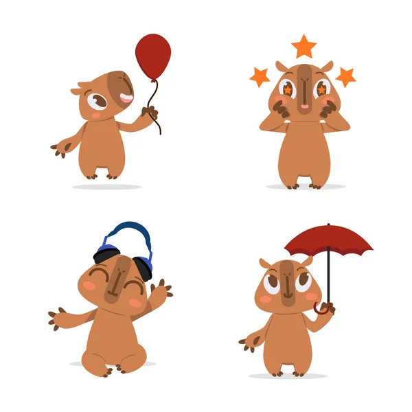 Set of cute hand-drawn capybaras holding balloon, getting excited, listening to music, holding umbrella