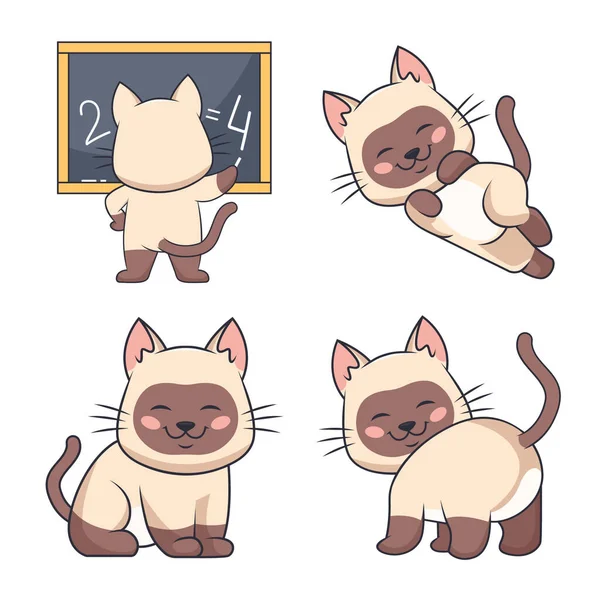 Tahtaya yazı yazan, yalan söyleyen ve oturan sevimli el çizimi kediler.