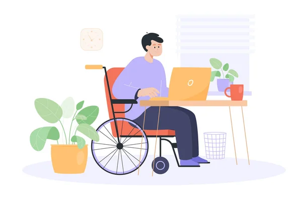 Smiling Worker Wheelchair Working Computer Workplace Man Physical Disability Home — Stock Vector