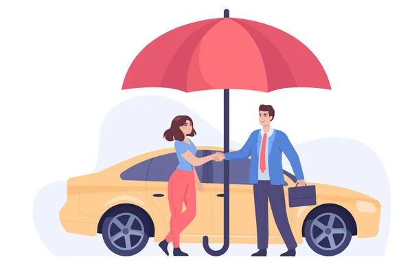 자동차와 운전자를 보호하는 우산은 보험으로 도움을 받습니다 브로커는 여성의 자동차를 — 스톡 벡터