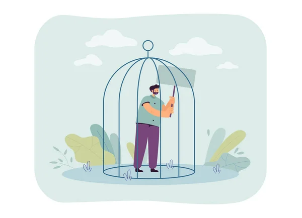 Man Standing Cage Holding Blank Banner Male Person Protesting Asserting — Stockvector