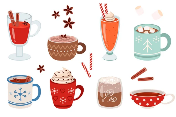 Mugs Warm Winter Drinks Flat Vector Illustrations Set Cups Hot — Stock Vector