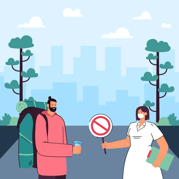Nurse Mask Showing Stop Sign Tourist Tickets Safety Prevention Measures — Stockvektor