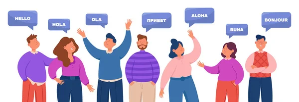 People saying hello in different languages. Multiethnic men and women speaking foreign languages. Multilingual speakers greeting flat vector illustration. International communication concept