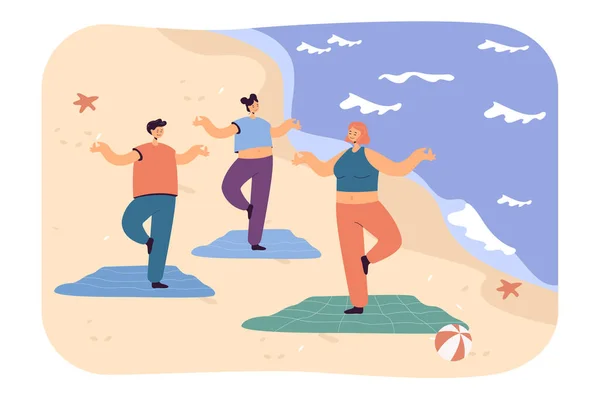 People Standing Tree Position Sandy Beach Man Women Doing Yoga — Stockvektor