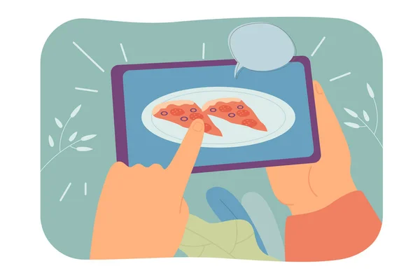 Pizza Slices Tablet Screen Flat Vector Illustration Man Ordering Fast — Stock Vector