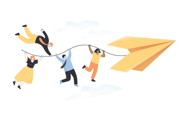 Tiny people holding thread from paper origami plane. Business people or colleagues moving toward goal or purpose flat vector illustration. Leadership, future, achievement, challenge concept