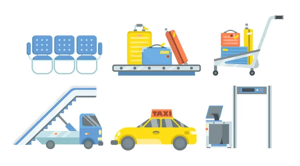 Airport Terminal Elements Cartoon Illustration Set Taxi Metal Detection Arche — Image vectorielle