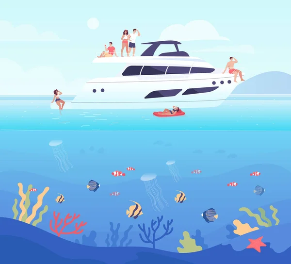 Cartoon Friends Swimsuits Relaxing Sunbathing Yacht Happy People Having Party — Stockvector