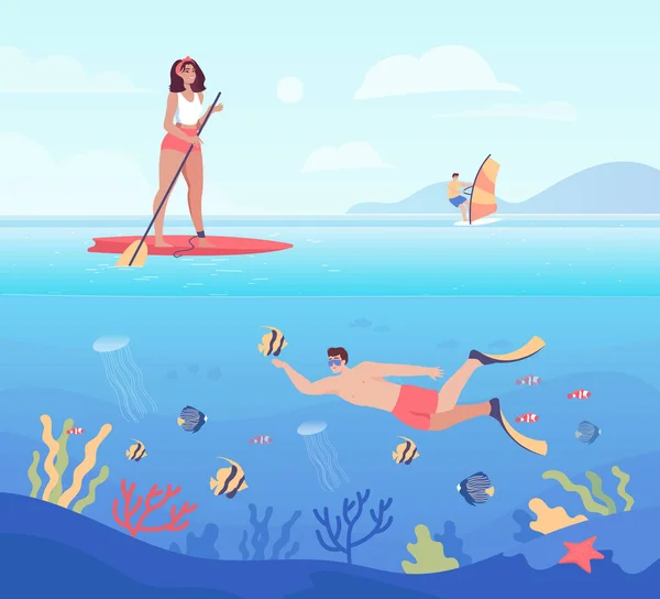 Cartoon people doing different water sports at sea. Woman SUP surfing, man diving, person windsurfing flat vector illustration. Summer, vacation concept for banner, website design or landing web page