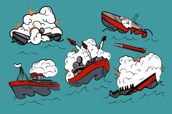 Comic Book Submarines Battle Cartoon Illustration Set Warships Boats Fighting — Stockvector