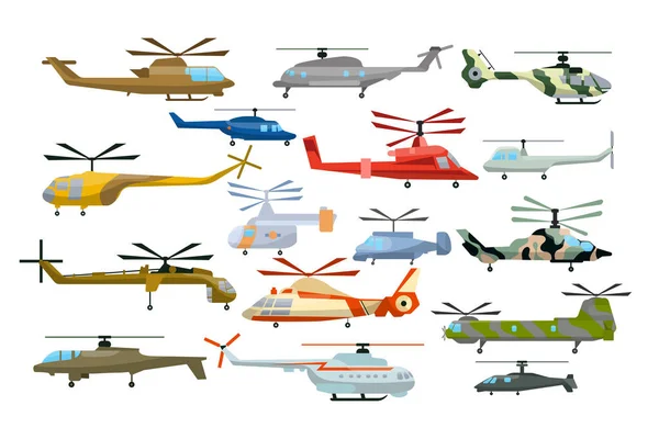 Colorful Helicopters Cartoon Illustration Set Different Military Medical Police Helicopters — Archivo Imágenes Vectoriales