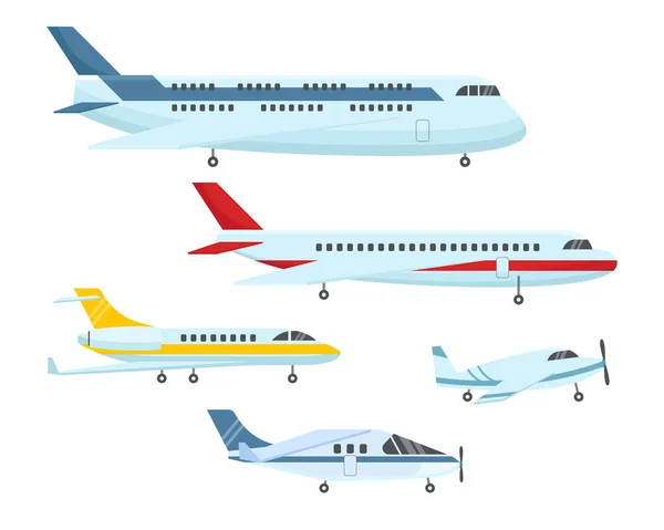 Different Types Planes Flat Vector Illustrations Set Passenger Airplane Aeroplane — Archivo Imágenes Vectoriales