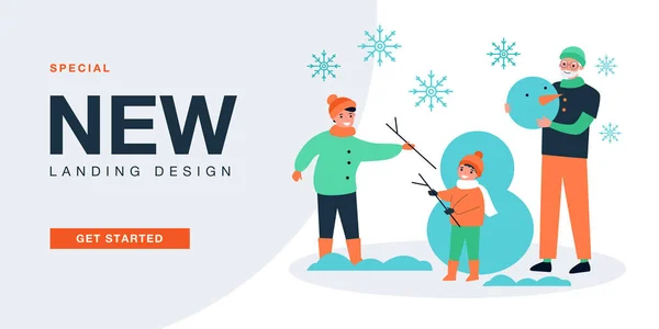 Happy Mother Grandfather Child Making Snowman Outdoor People Playing Together — Stockvector