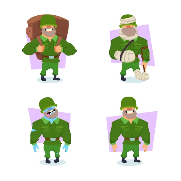 Set Cartoon Soldier Character Backpack Standing Crutch Expressing Different Emotions — Stockvector