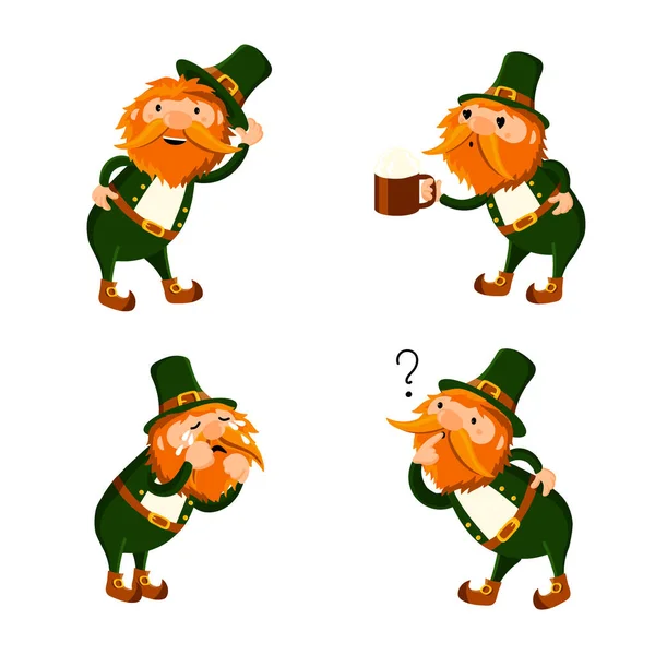 Set Cute Cartoon Leprechaun Holding Glass Beer Crying Thinking Greeting — Archivo Imágenes Vectoriales