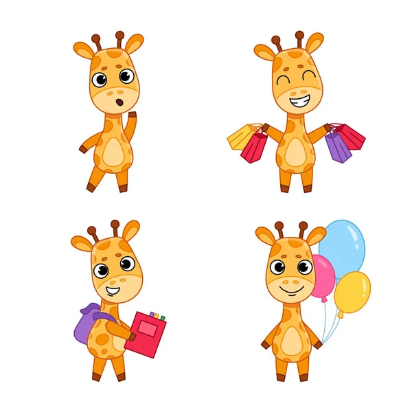 Set Cute Hand Drawn Giraffes Standing Surprised Shopping Carrying Backpack — Διανυσματικό Αρχείο