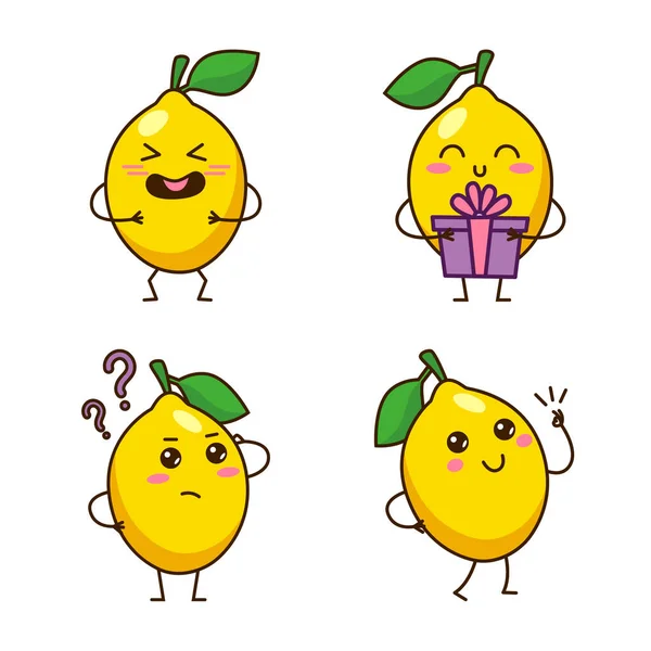 Set Cute Hand Drawn Lemons Laughing Holding Gift Box Asking — Stock Vector