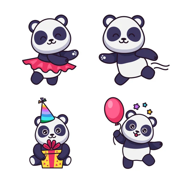 Set Cute Hand Drawn Pandas Dancing Running Holding Gift Box — Stock Vector