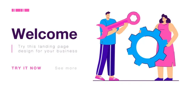 Tiny man with spanner and woman with gearwheel. Colleagues holding tools for technical support flat vector illustration. Repair service, teamwork concept for banner, website design or landing web page