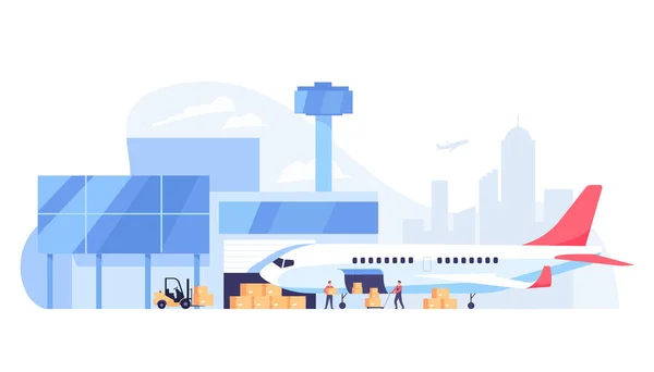 Warehouse workers loading boxes into airplane. Cargo aircraft, international freight flat vector illustration. Global logistic, transportation, delivery concept for banner or landing web page