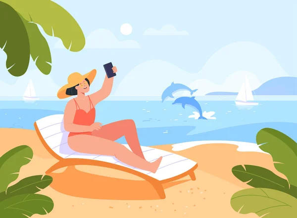 Young cartoon woman sunbathing and taking selfie on beach. Beautiful girl taking photo with mobile phone at sea flat vector illustration. Summer, vacation, seasons concept for banner or landing page