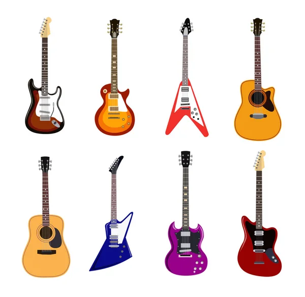 Acoustic Electric Guitars Flat Vector Illustrations Set Collection Musical Instrument — Vetor de Stock