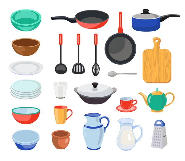 Kitchenware Dishes Vector Illustrations Set Collection Cookware Different Tools Instruments — стоковый вектор