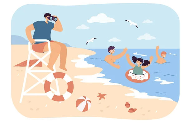 Рятувальник Піклується Про Плавання Дітей Пляжу Плоска Векторна Ілюстрація Хлопчики — стоковий вектор