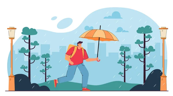 Male Cartoon Character Running Rain Umbrella Man City Park While — Stockvektor