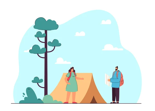 Man Woman Hike Flat Vector Illustration Couple Backpacks Map Standing — Stock vektor